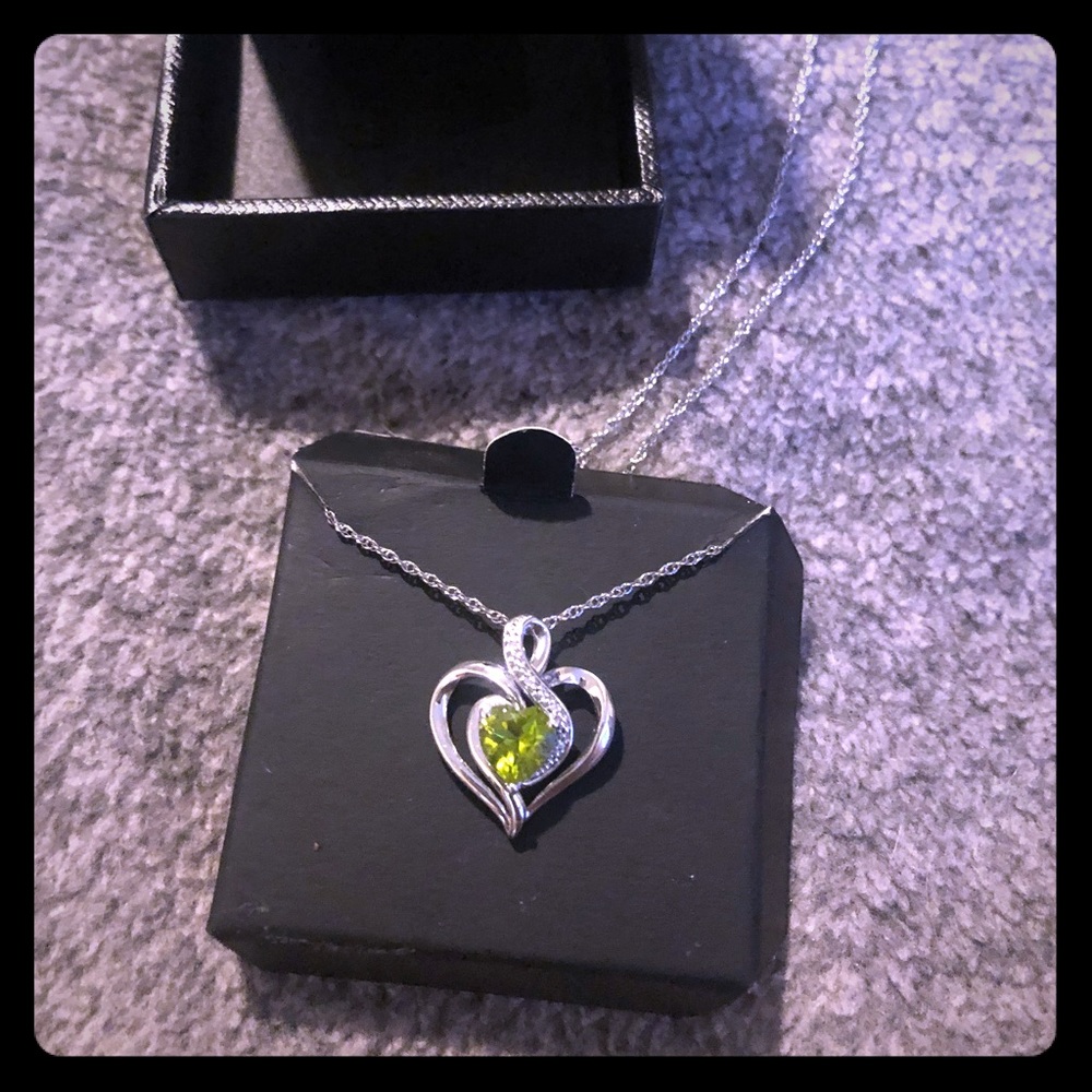 Peridot Heart Necklace w Diamonds- Sterling Silver